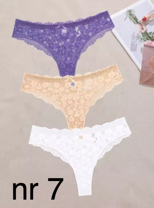 Koronkowe stringi damskie w kwiatowy wzór – eleganckie, zmysłowe i wygodne. Dostępne w różnych kolorach i rozmiarach S–XL. Podkreślają kobiece kształty i dodają pewności siebie.