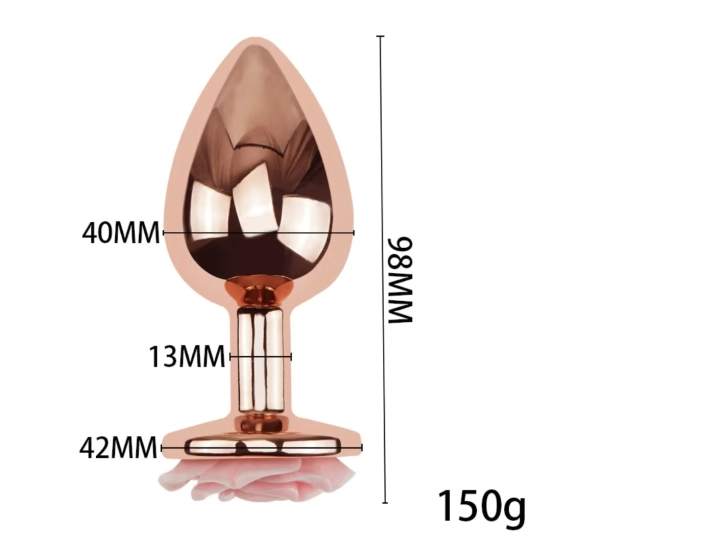 Złoty korek analny z różą dostępny w rozmiarach S, M i L. Elegancki metalowy plug analny z bezpieczną podstawą i dokładnymi wymiarami. Idealny dla początkujących i zaawansowanych.