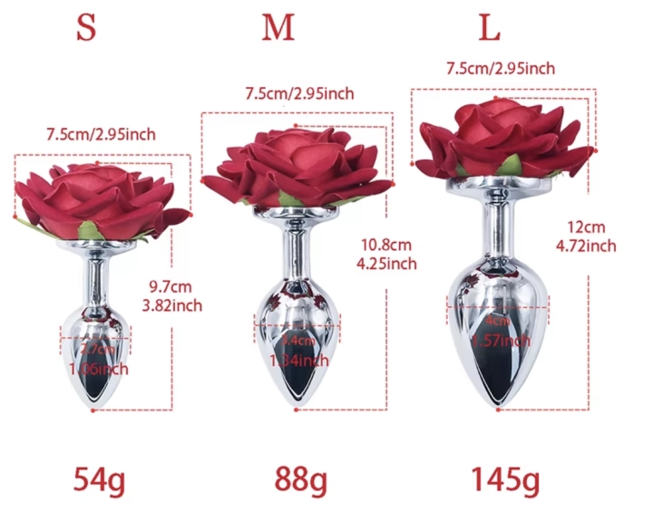 Korek analny z ozdobnym kwiatem w rozmiarach S, M i L. Elegancki metalowy plug z bezpieczną podstawą i dokładnymi wymiarami. Idealny dla początkujących i zaawansowanych.