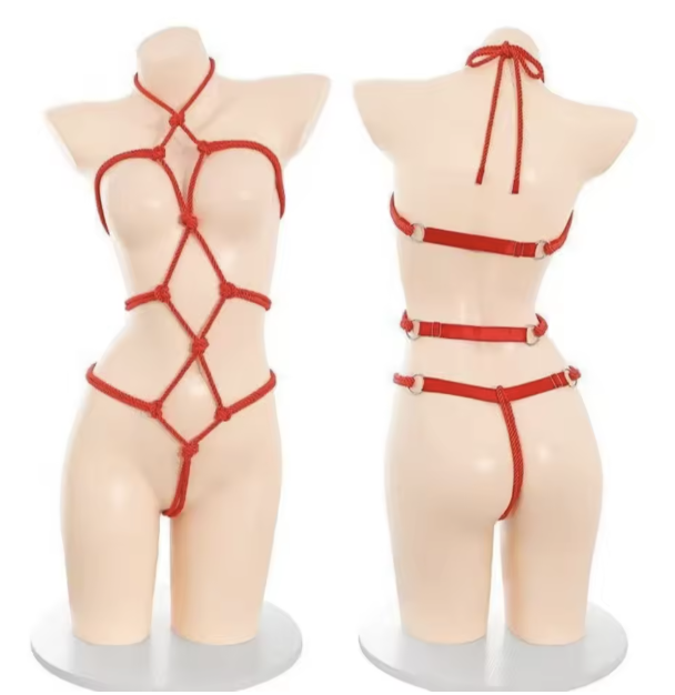 Seksowna uprząż na ciało body harness. Elastyczne paski w stylu bondage. Dostępna w kolorze czerwonym, czarnym, fioletowym i nude. Idealna bielizna erotyczna.