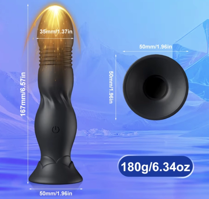 Korek analny z funkcją pchnięć i wibracji, 9 trybów, sterowanie aplikacją i przyssawka. Intensywna stymulacja punktu P i G, silikon premium.